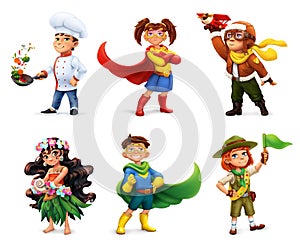 Little children in costumes. Superheroes, cook, pilot, scout. Comic character, 3d vector icon set