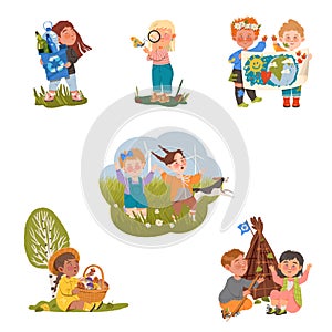 Little Children Enjoying Nature and Discovering Surrounding Environment Vector Set