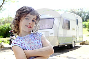 Little children girl caravan camping vacation