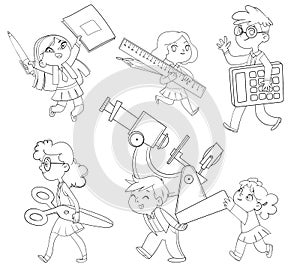 Little children holding big school stationery. Coloring book