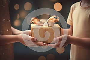 Little children holding festive wrapped gift box cropped image. Generative AI