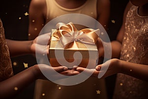 Little children holding festive wrapped gift box cropped image. Generative AI