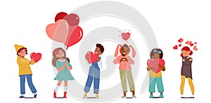 Little Children Holding Hearts and Balloons in Hands. Concept of Love, Self Love, Party Celebration, Donation