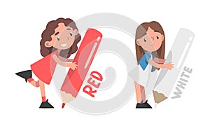 Little children holding red and white pencils. Happy girls drawing with big crayons cartoon vector illustration