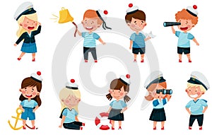 Little Children in Mariner Costume and Forage Cap or Peakless Hat Playing Sailor Vector Illustration Set