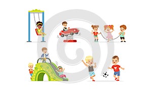 Little Children Playing at Playground Vector Illustrations Set. Careless Childhood Concept