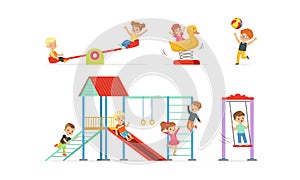 Little Children Playing at Playground Vector Illustrations Set. Careless Childhood Concept