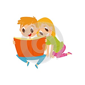 Little children reading book with fairy tales. Brother and sister spending time together. Happy childhood. Flat vector