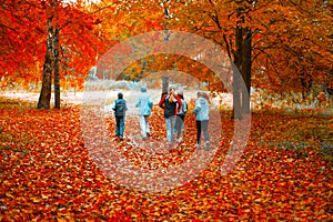 Running athletes in the park on a run in the early morning. Several children are running in the woods doing sports