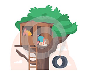 Little Children Sit on Tree House at Home Yard. Characters Playing on Child Playground, Treehouse with Wooden Ladder