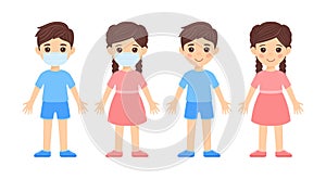 Little Children Wear Medical Mask on Face. Happy Kids Stand with Mask. Front View. Caucasian Girl and Boy are Smiling. Protection