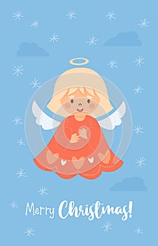 Little Christmas angel girl. Merry Christmas postcard in cartoon style. Vector vertical illustration. Cute new year kids
