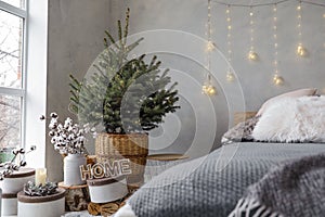 Little Christmas tree with fairy lights in interior