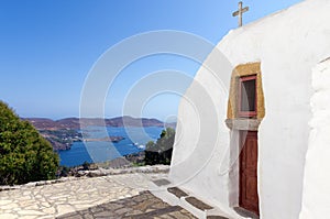Little church overlooking the sea in the chora of Patmos island, Dodecanese, Greece