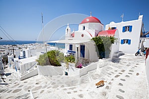 Little Church with red roof in Mykonos, Greece