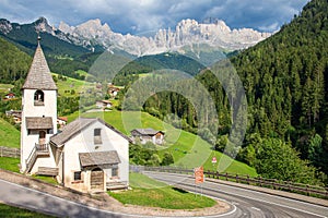 The little church of Saint Zyprian and Justina in the village of St. Zyprian. Tires valley, Dolomites