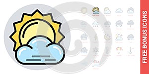 Little cloudy or partly cloudy icon for weather forecast application or widget. Sun behind a small cloud. Simple color