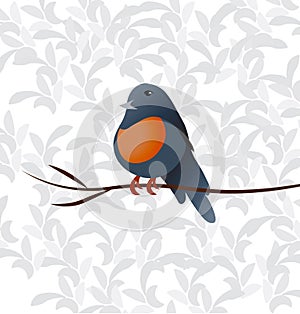 Little colorful orange and blue bird sitting on a thin branch