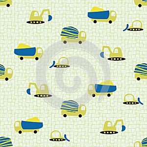 Little construction vehicles toys seamless vector pattern