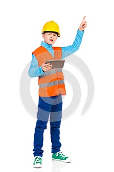Little construction worker pointing up