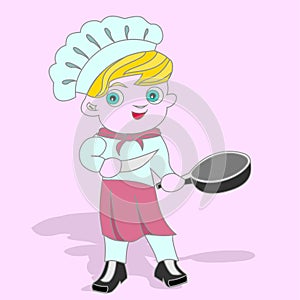 Little cook with a frying pan and a knife, vector
