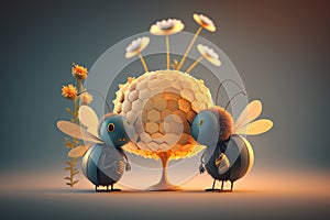 Little couple bee lover in flowers world 3D fantasy art, kid wall art, frame artwork