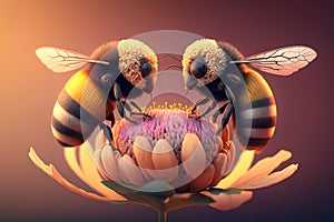 Little couple bee lover in flowers world 3D fantasy art, kid wall art, frame artwork