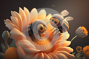 Little couple bee lover in flowers world 3D fantasy art, kid wall art, frame artwork