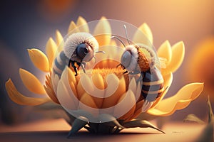 Little couple bee lover in flowers world 3D fantasy art, kid wall art, frame artwork