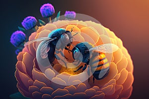 Little couple bee lover in flowers world 3D fantasy art, kid wall art, frame artwork