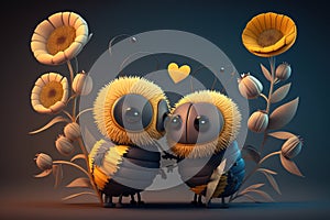 Little couple bee lover in flowers world 3D fantasy art, kid wall art, frame artwork