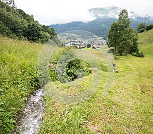 little creek in the pasture, landscape near Klosters Monbiel, prattigau, switzerland photo