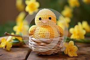 A little crocheted chick, cute toy. AI generated