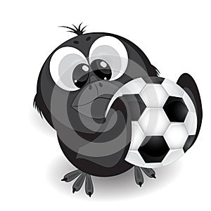 Little crow with a soccer ball cartoon vector illustration