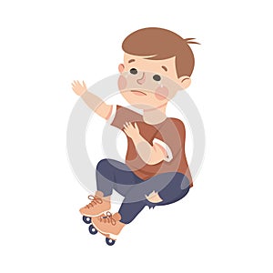 Little Crying Boy Fallen Down with Roller Skates Vector Illustration