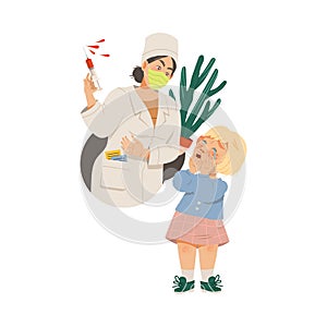 Little Crying Girl Afraid of Doctors and Injection Vector Illustration