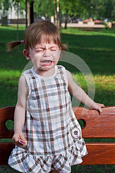 Little crying girl in park