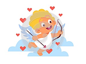 Little cupid in clouds with bow and arrow. Baby angel with with wings. Romantic love mascot. Hearts and clouds. Happy