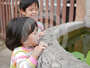 Little curious Asian baby girl`s hand hanging on the edge of a pond trying to see what is inside