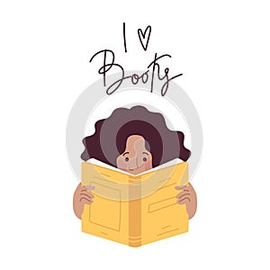 Little curly girl reading a book. Lettering I love books. Vector illustration