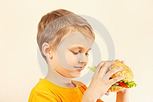 Little cut boy with tasty hamburger