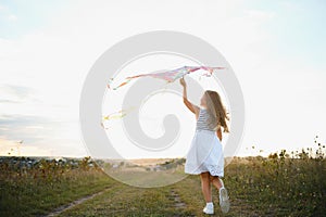 Little cute 7 years old girl running in the field with kite on summer day