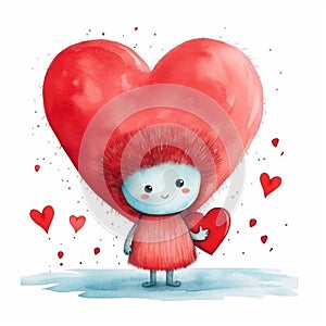 Little cute adorable cartoon personage with big red heart as greeting card for expession of love