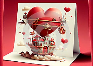 Little cute adorable cartoon personage with big red heart as greeting card for expession of love concept made with Generative AI.