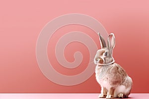 A little cute and adorable small rabbit, baby bunny photo, family pet, neutral pink background