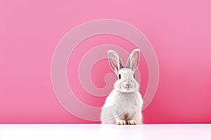 A little cute and adorable small rabbit, baby bunny photo, family pet, neutral pink background