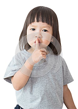 Little cute asian girl say be quie over white background.