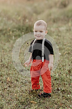 Little cute baby boy smiling standing on grass in summer field