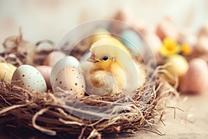 Little cute baby chicks in a bucket, playing at home, yellow newborn baby chicks