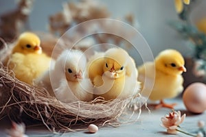 Little cute baby chicks in a bucket, playing at home, yellow newborn baby chicks